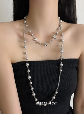 欧美个性ins风五角星珍珠链条长款项链女小众时尚气质叠戴锁骨链