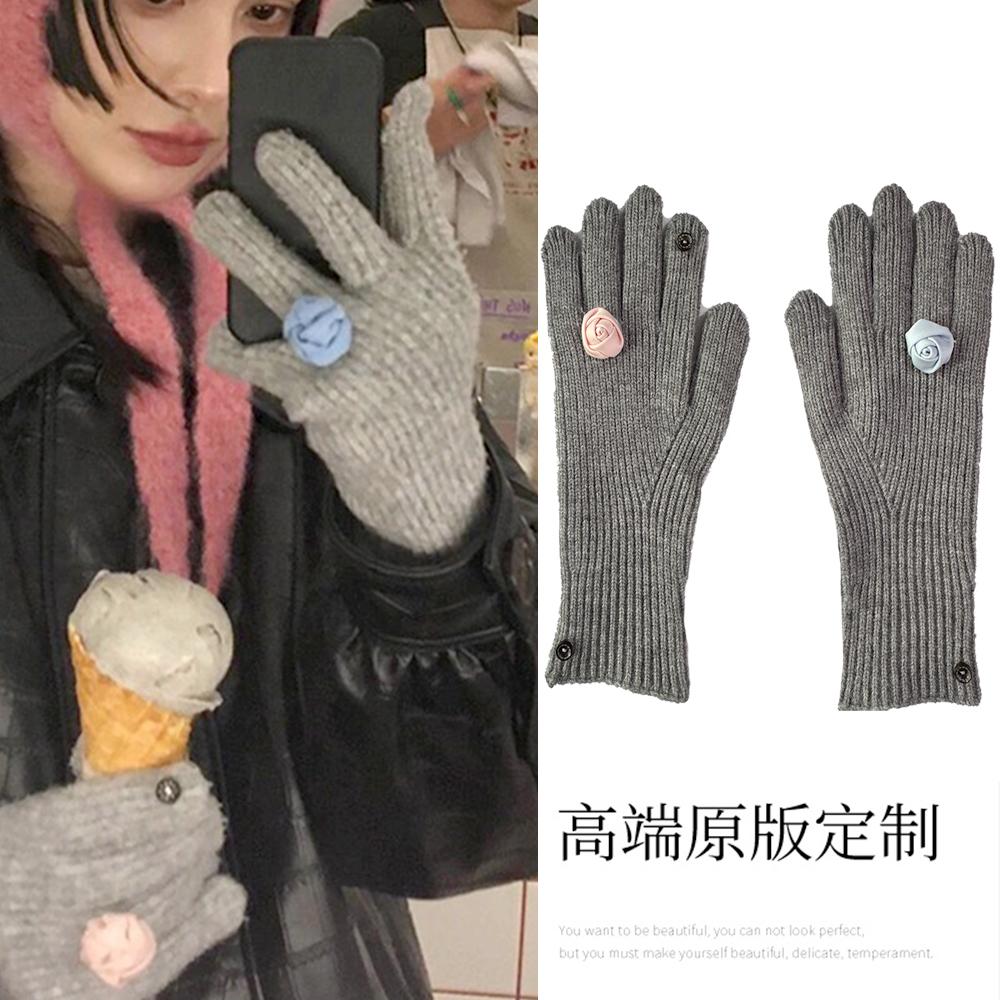 Mona同款灰色针织花朵手套韩系
