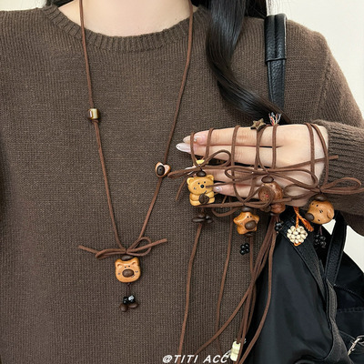 超可爱的小动物们~新中式木质咖色萌物吊坠项链可抽拉长款毛衣链