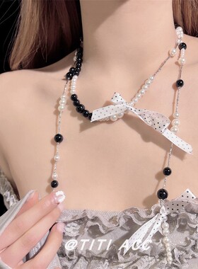 法式小香风波点蝴蝶结仿珍珠项链多层叠戴长款毛衣链气质百搭颈链
