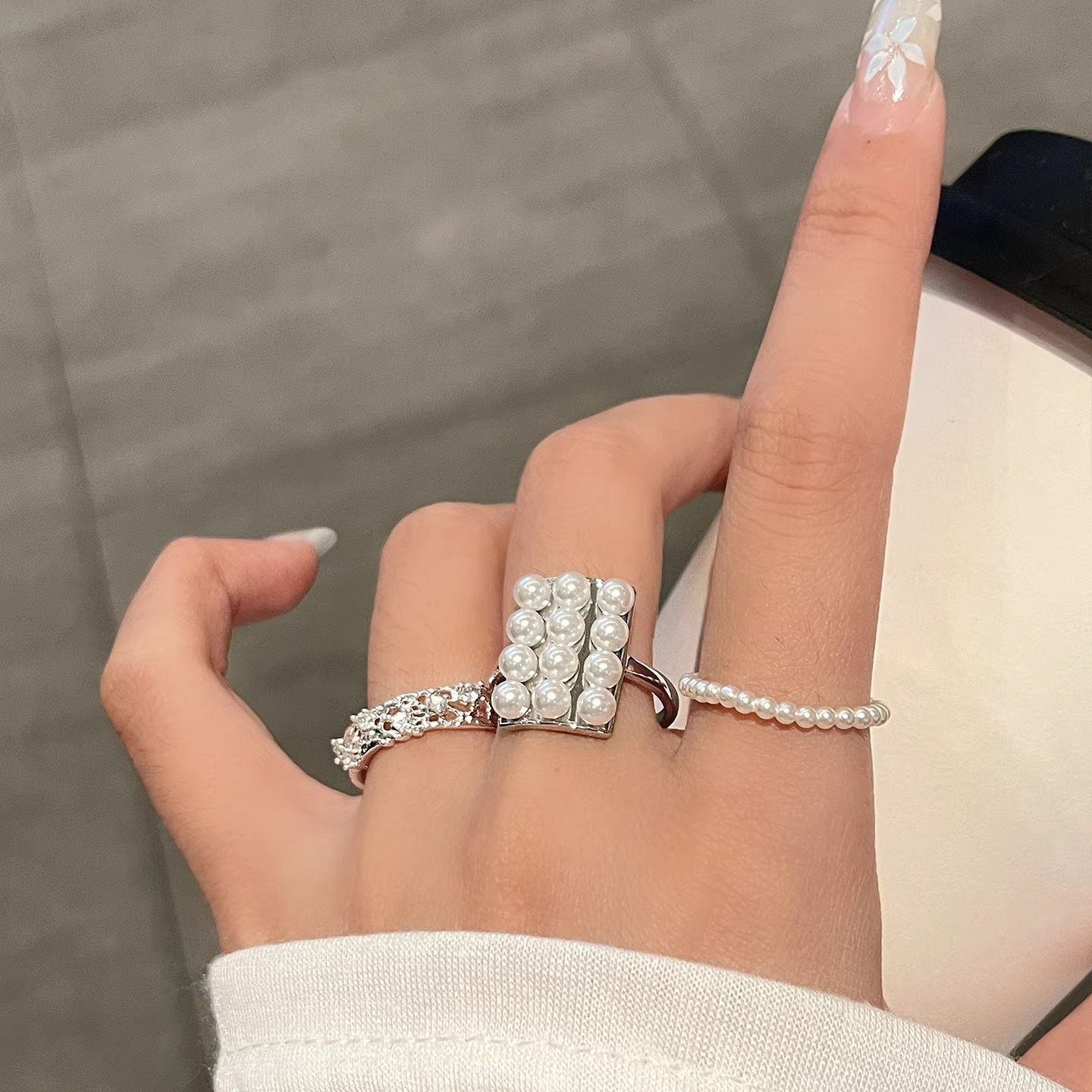 超精致!中古vintage方形珍珠叠戴戒指女轻奢高级感复古指环食指戒