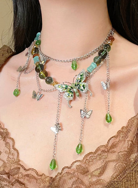 绿色蝴蝶项链女2024新款清冷感轻奢小众锁骨链叠戴choker颈链配饰