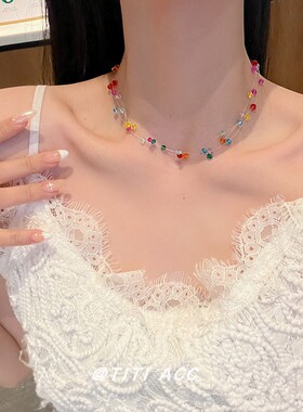 多巴胺彩色水晶串珠项链耳环女氛围感甜美百搭气质锁骨链个性颈链