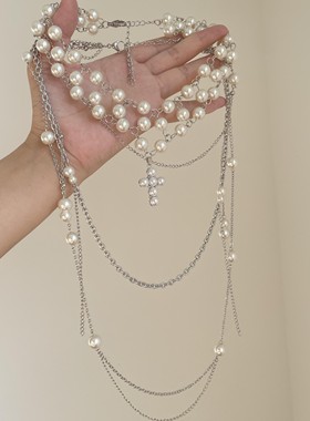 贵气中古风十字架珍珠多层项链气质高级感轻奢颈链锁骨链时尚配饰