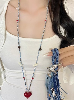 新中式编织蓝色小鸟红色爱心吊坠项链小众设计串珠毛衣链时尚颈链