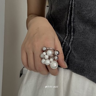 夸张气质韩系小众重工串珠珍珠戒指精致高级感百搭指环女食指戒潮