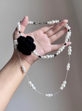 法式小香风黑色毛线花朵珍珠项链女高级感叠戴锁骨链优雅毛衣链潮