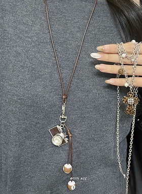 韩系复古相机台球流苏项链女2025新款小众设计感毛衣链秋冬颈饰潮
