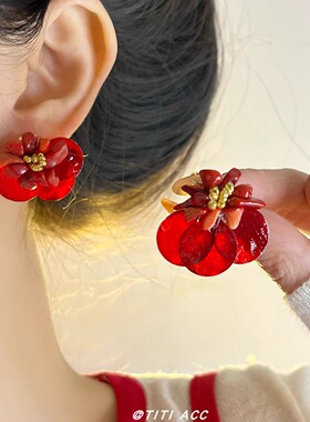 波西米亚风彩色圆片贝壳花朵耳钉女款轻奢高级感耳环小众设计耳饰