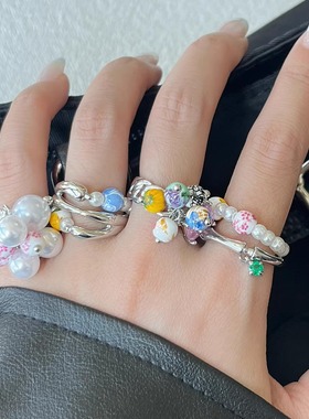 韩系天然石琉璃珠可晃动花球戒指女ins复古高级感开口珍珠食指戒