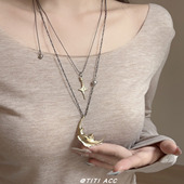 新中式 黑金星月组合项链复古高级感月亮星星吊坠可调节叠戴毛衣链