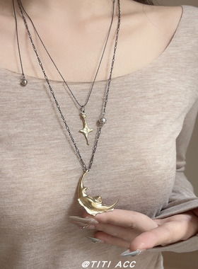 新中式黑金星月组合项链复古高级感月亮星星吊坠可调节叠戴毛衣链