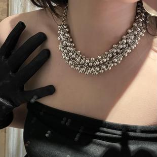 网红博主同款金属球项链女夸张个性双层多球月牙链条叠戴锁骨链潮