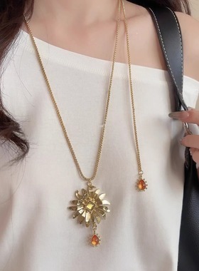 复古轻奢金色雏菊花朵吊坠项链女