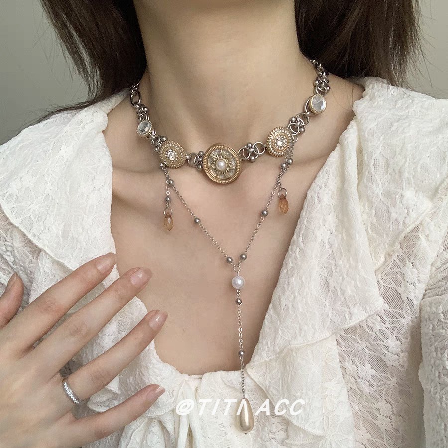 甜酷辣妹风太阳圆盘珍珠流苏双层项链女宫廷风轻奢高级感锁骨链潮