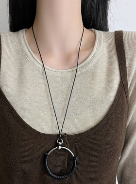 韩国O形圆圈黑绳长款项链女