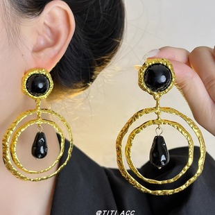 欧美复古夸张耳环小众设计褶纹双圈黑金水滴耳钉轻奢高级感耳饰女