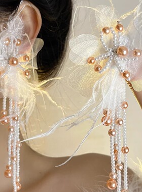 法式蝴蝶结白色羽毛耳夹时尚气质长款珍珠流苏耳饰超绝仙女耳骨夹