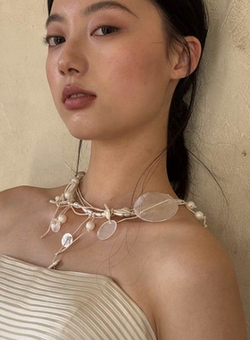 法式白色贝壳珍珠项链女款轻奢多层流苏锁骨链高级感新娘结婚配饰