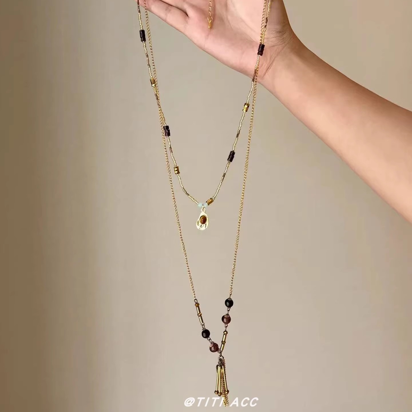 中古风vintage美拉德虎眼石叠戴长款项链女复古高级感轻奢毛衣链