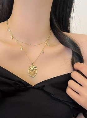 超绝精致感金色草莓吊坠项链女配饰双层叠戴锁骨链复古气质款耳饰