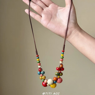 新中式复古彩色陶瓷串珠项链女民族风长款毛衣链小众设计感锁骨链