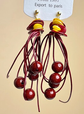 新中式红色流苏贝壳耳环小众设计感碎石串珠耳钉复古百搭气质耳饰