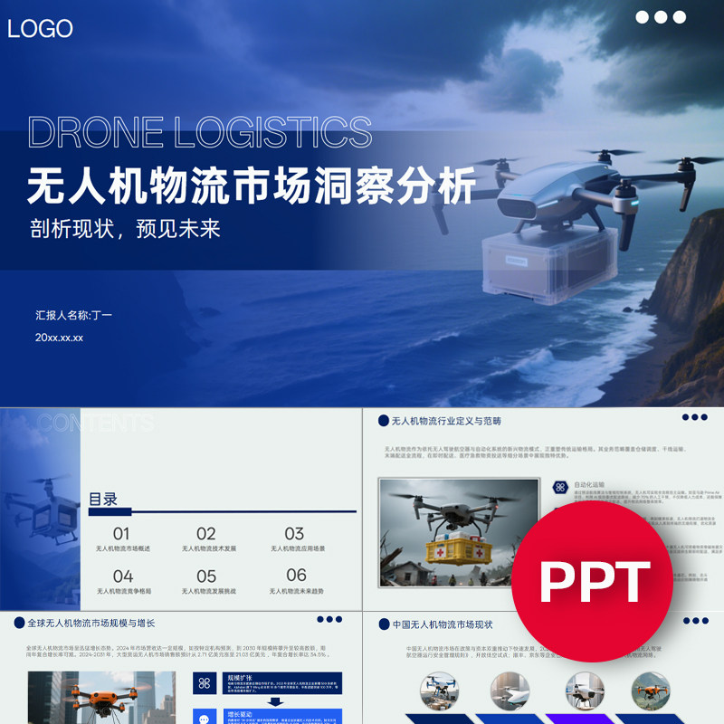 无人机物流PPT模板市场洞察分析蓝色低空经济无人机素材ppt课件