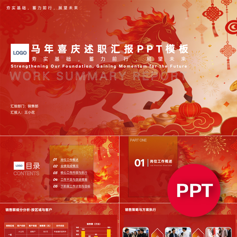 一份20页马年喜庆新年年终述职汇报总结PPT模板年终年中PPT
