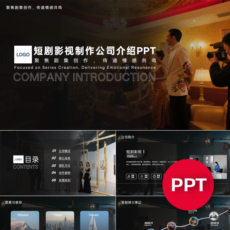 一份22页短剧影视制作公司企业介绍PPT模板酷黑ppt课件禹创