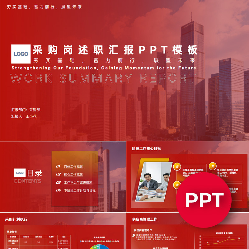 一份16页采购岗专员主管经理述职汇报总结ppt年终年中季度PPT模板