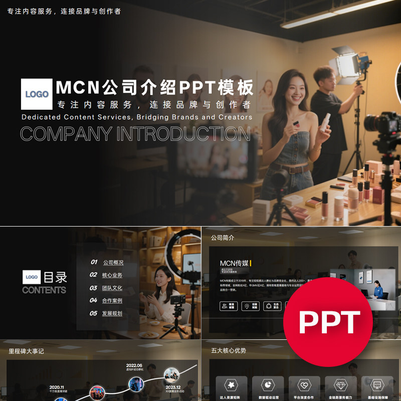 一份22页MCN机构传媒公司企业介绍PPT模板酷黑课件ppt禹创素材