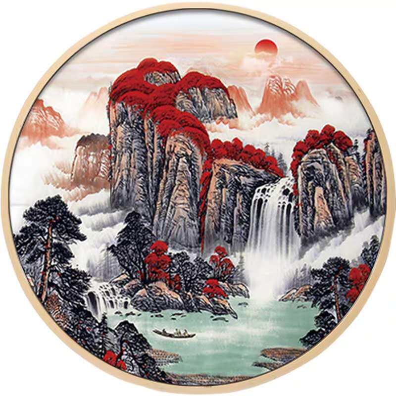 李可染鸿运当头新中式圆形招财风水装饰画国画酒店办公室山水挂画