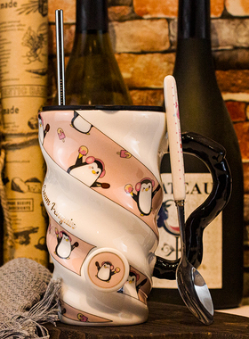 韩式卡通大容量马克杯家用陶瓷网红家用咖啡男女学生情侣喝水杯子