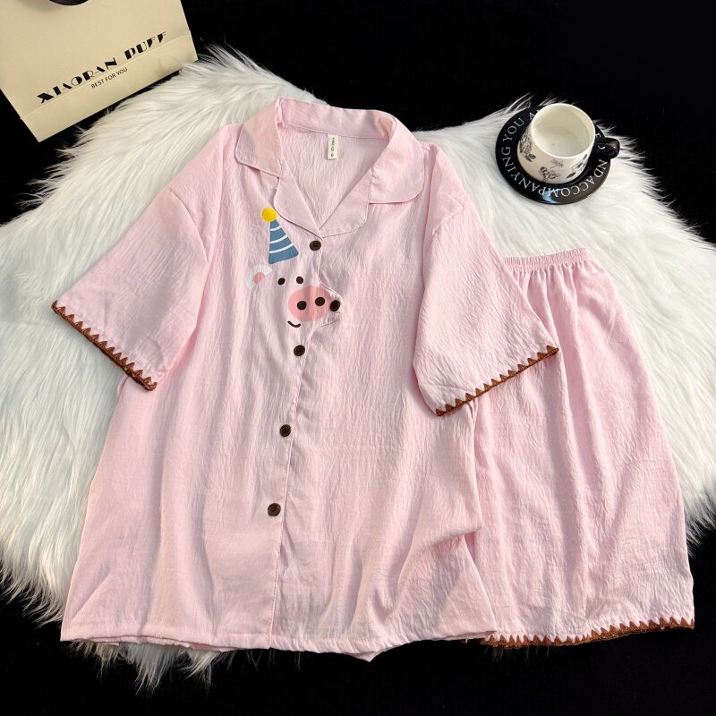 甜美韩版闺蜜睡衣女夏季云朵棉卡通小猪加大宽松家居服套装可外穿