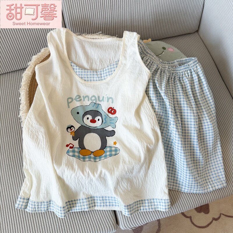 企鹅背心云朵棉睡衣女夏季新款可爱少女背心短裤可外穿家居服套装