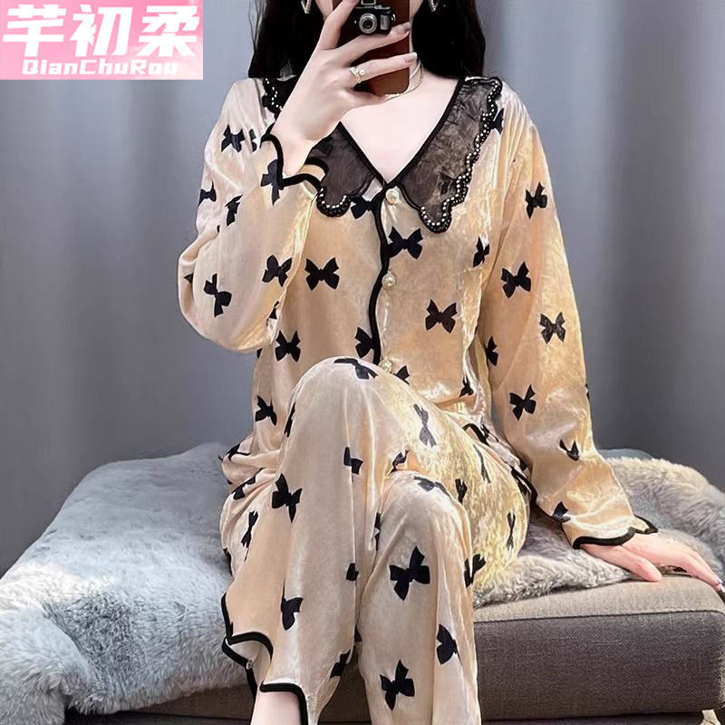 丝绒保暖娃娃领睡衣套装女秋冬