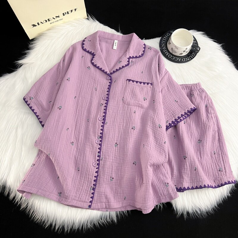 紫色少女碎花云朵棉睡衣女款2026新款夏季短袖短裤家居服两件套装