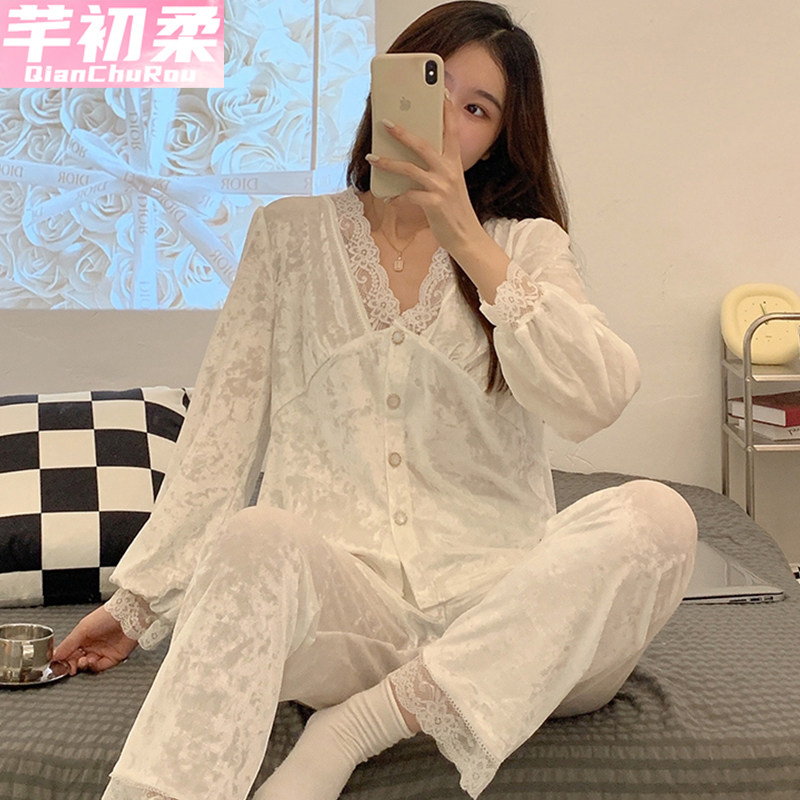 春秋冬款睡衣女冬季长袖薄款金丝睡衣/家居服套装