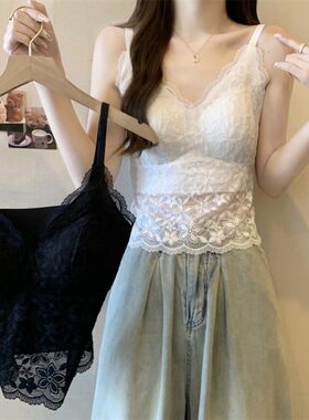 大码女装法式蕾丝美背夏季吊带背心带胸垫一体内搭外穿打底衫上衣