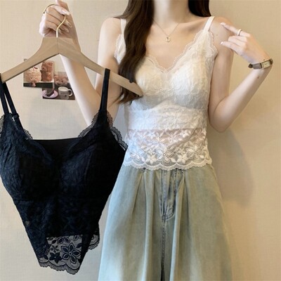 大码女装法式蕾丝美背夏季吊带背心带胸垫一体内搭外穿打底衫上衣