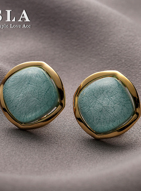 Simple Love Acc私家 邻居淑女蓝 高级方形纹理石 银针耳环女