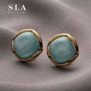 高级方形纹理石 Simple 邻居淑女蓝 Acc私家 银针耳环女 Love