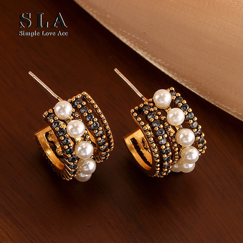 复古珍珠女式锆石耳环