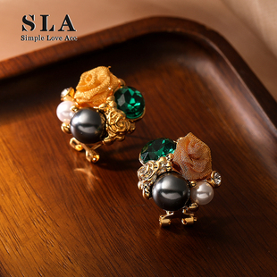 法式 Acc私家 复古浪漫玫瑰花珍珠夸张银针耳环女 Love Simple