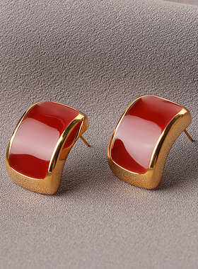 Simple Love Acc私家  珐琅油画感红色气质复古几何银针耳环女