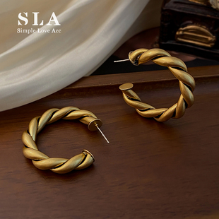 麻花耳环圈圈法式 潮 复古耳饰高级感ins气质女银针耳圈2025年新款