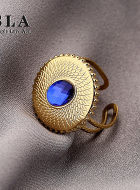SLA私家 欧美圆形镶嵌水晶石开口指环  蓝色妖姬法式戒指女潮人