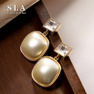 欧美高级感香槟金方形珍珠水晶银针耳环女 Acc私家 Simple Love