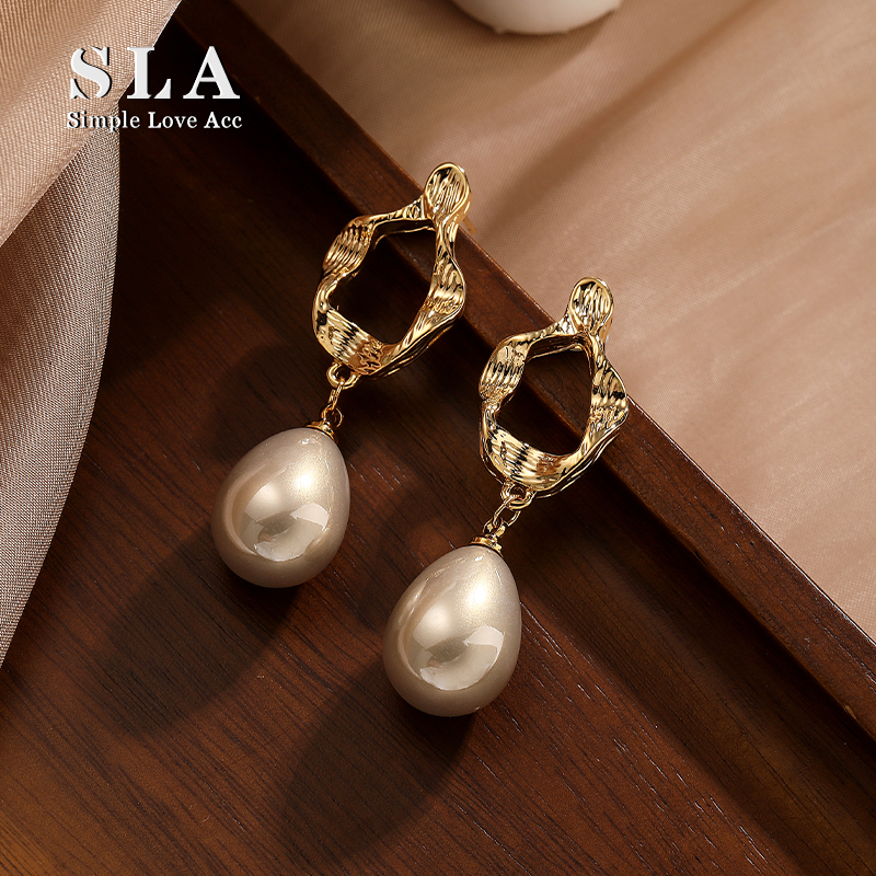 Simple Love Acc私家  2025年新款不规则金属水滴珍珠银针耳环女